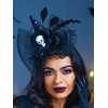 Urieo Gothic Skull Headband Halloween Witch Hat Headbands Black Big Bow Hairband with Feather Cosplay Dress Up Masquerade for Women