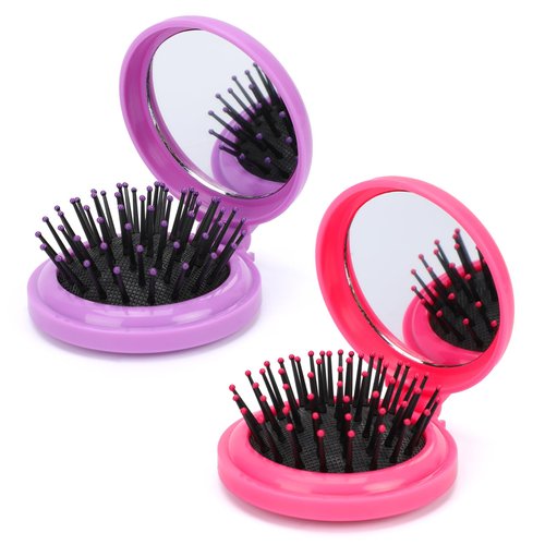 Folding Brush with Mirror, 2pcs Folding Travel Mirror Hair Brushes Compact Folding Brush Portable Hair Brush Round Mirror Pocket Hair Brush Mini Pop Up Hair Brushes for Travel