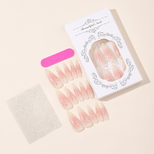 GRITOSE Medium Long Press on Nails Almond Glossy Acrylic Fake Nails Stiletto Nail Tips Gradient Nails Press ons with Star Designs Nude Pink Aurora False Nails Full Cover Glue on Nails for Women
