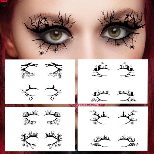 HANSAMU 16Pcs Halloween Eyeshadow Eyeliner Sticker Spider Web Skull Bat Eye Shadow Decals for Women Halloween Masquerade Party Face Eye Realistic Makeup 3D Self- Adhesive Eye Art Decoration Tools