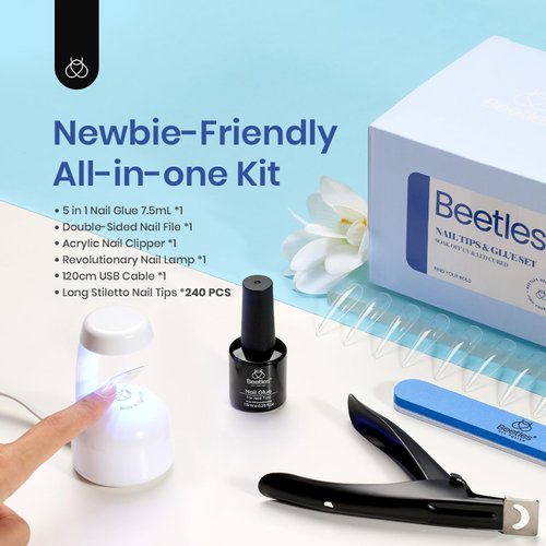 Beetles Gel Nail Kit Easy Nail Extension Set, Long Stiletto Shaped 240 Pcs Clear False Acrylic Nails Tips with 5 in 1 Nail Glue Innovative Uv Led Lamp DIY Acrylic Nail Kit Manicure Salon at Home