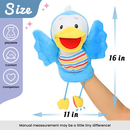 Hopearl Plush Bird Hand Puppet with Open Movable Mouth for Imaginative Play, Role Play, Interactive Toy for Storytelling Teaching Puppet Theater, Gifts for Kids Boys Girls, Blue, 16''