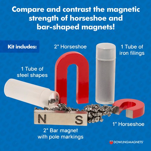 Dowling Magnets Alnico Magnet Science Kit. Magnets for Kids Including 2 Horseshoe Magnets, 1 Bar Magnet, Iron Filings and Iron Shapes for Fun Science Experiments. Item 731009. Ages 8+