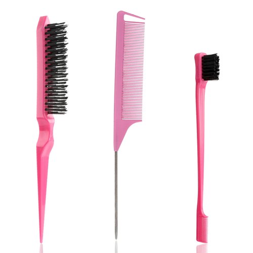 3 Pcs Comb Set Edge Brush Bristle Hair Brush Rat Tail Comb, Hair Brush, Curly Hair Brush, Styling Tools & Appliances, Hair Styling Tools, Parting Comb, Slick Back Hair Products for Women Baby Hot Pink