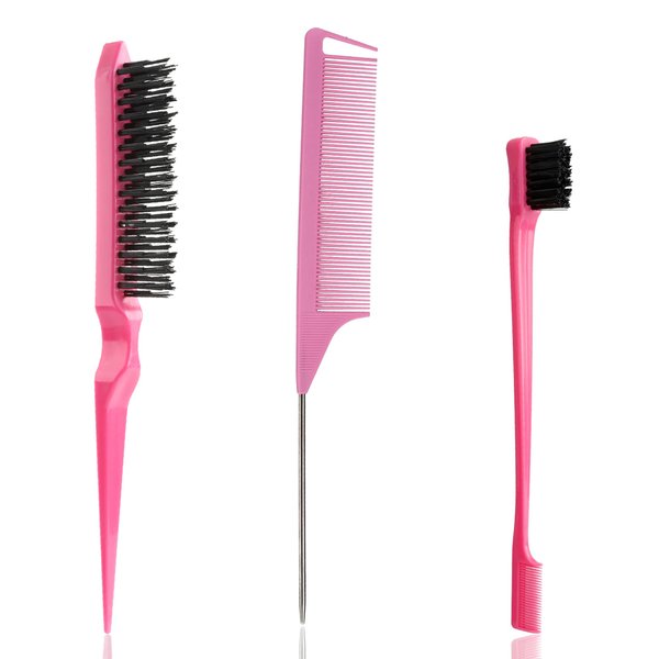 3 Pcs Comb Set Edge Brush Bristle Hair Brush Rat Tail Comb, Hair Brush, Curly Hair Brush, Styling Tools & Appliances, Hair Styling Tools, Parting Comb, Slick Back Hair Products for Women Baby Hot Pink