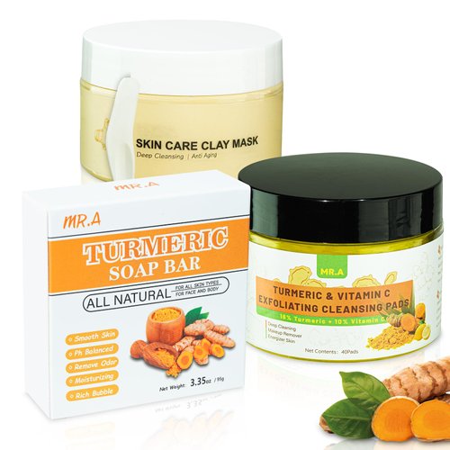 Turmeric Soap Bar Turmeric Face Clay Mask Turmeric Cleansing Pads, Vitamin C Facial Mask for Pores, Honey Tumeric Soap for all skin type, Turmeric Exfoliating Pads Turmeric Face Wash