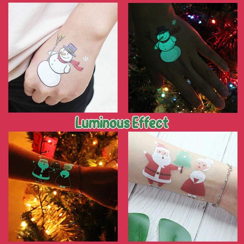 Partywind Luminous Christmas Temporary Tattoos for Party Decorations, Glow Christmas Stocking Stuffers for Kids Party Favors Supplies, Xmas Holiday Stickers for Kids Boys Girls - 4 Sheets