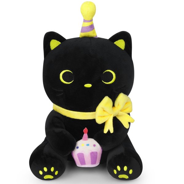 Prewplam Black Cat Plush Toys, 8" Kawaii Cat Stuffed Animal, Cute Happy Birthday Black Cat Plushies, Soft Stuffed Cat Birthday Plush Doll Gift for Kids Christmas Birthday