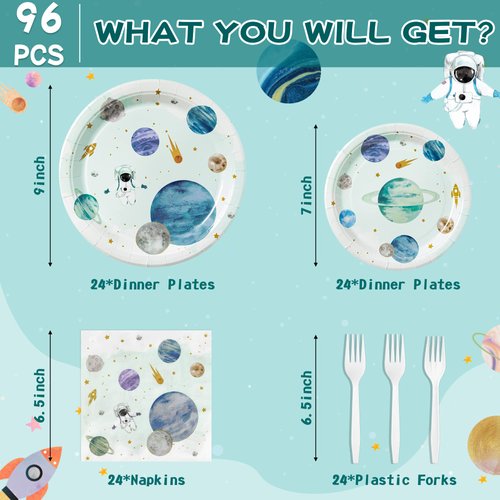 WATINC 96pcs First Trip Around the Sun Space Party Tableware Set, Outer Space Birthday Table Decorations Supplies for 24 Guests, Solar System Plates Napkins Forks Parties Favors for Boys Girls