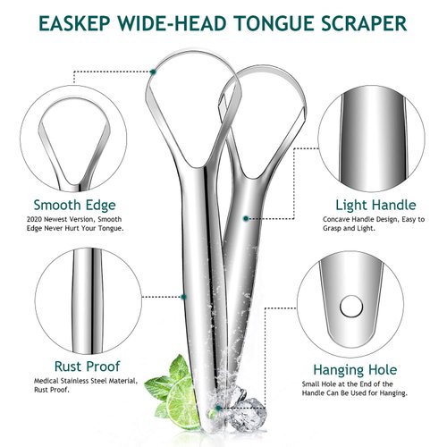 Tongue Scraper (2 Pack), Wide-head Tongue Cleaner with Nice Carrying Box, Easkep 100% Stainless Steel Tongue Scrapers Cleaners, for Men, Women, Adults, Kids