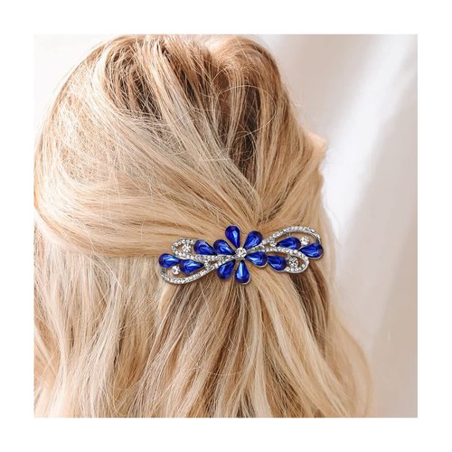 EVER FAITH Bridal Austrian Crystal Hair Barrette Clip, Gorgeous Waterdrop Flower Hair Accessories for Women Blue Silver-Tone