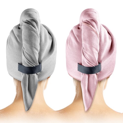 2 Pack Microfiber Hair Towel Wrap for Women - Hair Wrap Towels - Plopping Towel Curly Hair Turban Drying with Elastic Band, Thick, Super-Absorbent, Safe and Hygienic Without Odor (Gray & Pink)