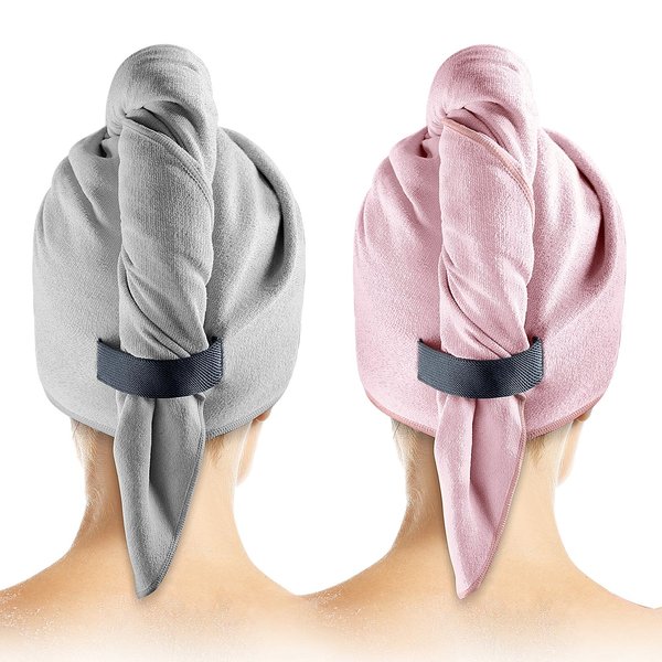 2 Pack Microfiber Hair Towel Wrap for Women - Hair Wrap Towels - Plopping Towel Curly Hair Turban Drying with Elastic Band, Thick, Super-Absorbent, Safe and Hygienic Without Odor (Gray & Pink)