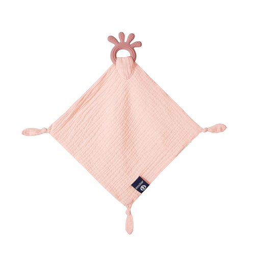 Baby Muslin Security Blanket with Food Grade Silionce Teether,Soothe Teething Toy for Boys and Girls,100% Polyester (Pink)