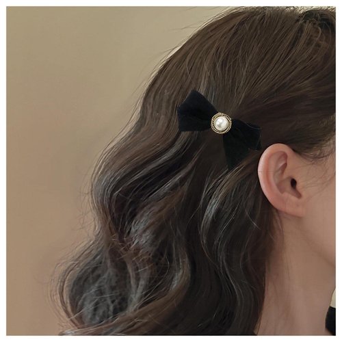 Andelaisi Vintage Velvet Bow Hair Barrettes Black Velvet Satin Bow Hair Clips Barrette Winter Ribbon Bow Headclip Barrette French Pearl Bowknot Hairclip Decorative Hair Accessories for Women and Girls Headdress (Black)