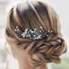 Latious Bride Wedding Crystal Hair Comb Silver Leaf Bridal Hair Clip Blue Pearl Hair Piece Rhinestones Hair Accessories for Women and Girls