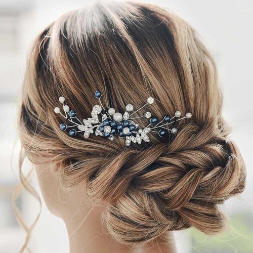 Latious Bride Wedding Crystal Hair Comb Silver Leaf Bridal Hair Clip Blue Pearl Hair Piece Rhinestones Hair Accessories for Women and Girls