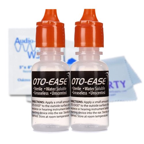 Patin OTO-Ease Custom Earmold Lubricant (2 Pack / 0.5oz Bottle) - Lubricate Ear Plugs, Hearing Aids, Includes AudioWipes Cleaning Towelettes and Liberty Micorfiber Cloth, Purple, 5 Piece Set