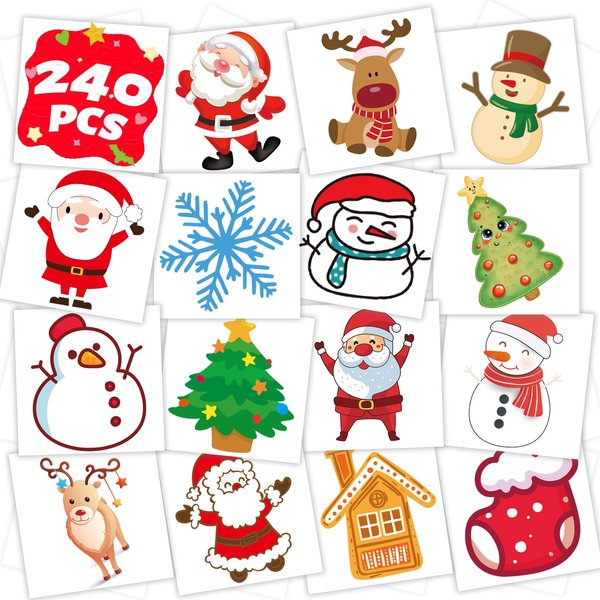 winthrop 240 Pcs Bulk Luminous Christmas Temporary Tattoos for Kids, Glow In The Dark Safety Individually Wrapped Tattoos, Best Choice for Christmas Goody Bag Stuffers, 60 Designs Santa Claus Snowman