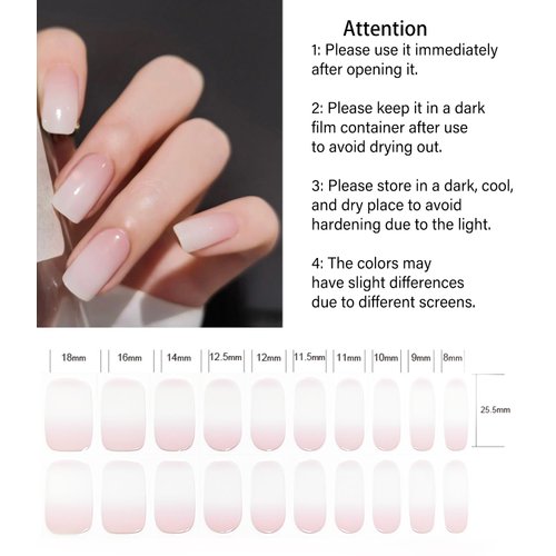 Semi Cured Gel Nail Strips, （Pink Ombre） 20pcs Gel Nail Stickers Work with UV, Easy to Use and Remove
