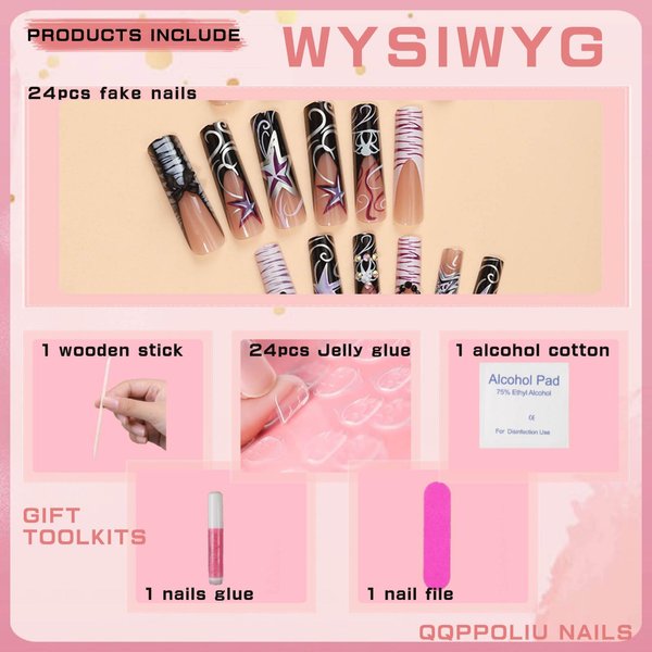 QQPPOLIU Extra Long Press on Nails XL Nails Press Ons with Design False Nails Square Nails Press on Fake Nails (Black & Nude)