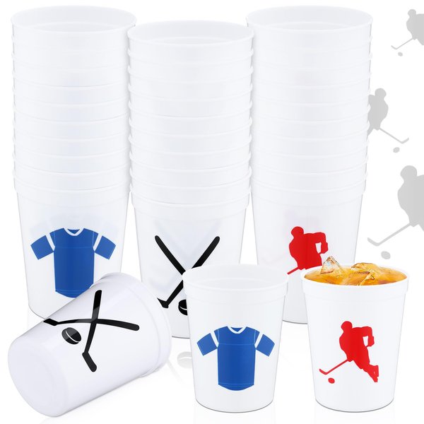 Zhehao 30 Pcs Sport Ball Plastic Cups Hockey Football Basketball Plastic Cups Bulk Reusable Drink Cups 16 oz Stadium Cups Stackable Sports Cup for Sport Party Supplies (White,Hockey)