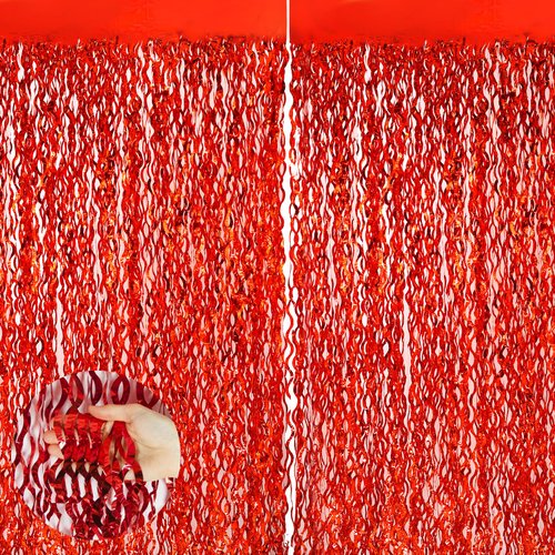 Red Streamers Foil Fringe Curtain 3.3 x 6.6ft Party Streamers 2Pack Metallic Streamer Curtains Mermaid Birthday Themed Party Decorations Tinsel Curtain for Parties Streamers for Wedding Xmas Decor