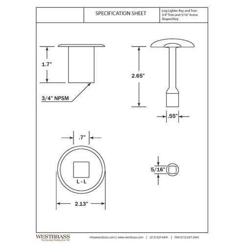 Westbrass R500-12 3/4" NPSM Gas Fire Pit and Fireplace Log Lighter Key Valve Trim Kit, Oil Rubbed Bronze