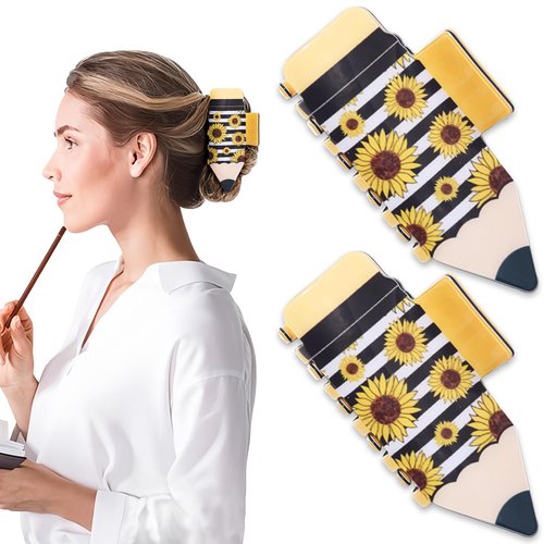 2PCS Pencil Hair Claw Clips for Women Girls, 3.3" Medium Teacher Hair Clips Sunflower Back to School Hair Accessories Strong Hold Pencil Claw Clips for Thick Thin Hair Teachers Appreciation Gift