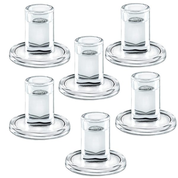 Glass Taper Candle Holders- Fireplace Table Centerpiece Clear Candlestick Holders - Set of 6