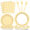 96Pcs Yellow Gingham Party Supplies Yellow Plaid Bachelorette Paper Plates and Napkins Yellow and White Gingham Birthday Party Decorations Tableware Set Plaid Party Favors Baby Shower for 24 Guests