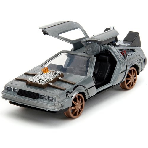 Delorean DMC (Time Machine) Brushed Metal Train Wheel Version Back to The Future Part III (1990) Movie Hollywood Rides Series 1/32 Diecast Model Car by Jada 34786