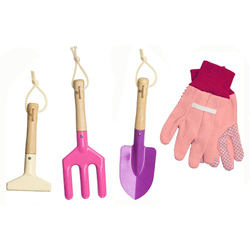 Kinderific Gardening Set, Tool Kit, for Kids, STEM, Includes Tote Bag, Spade, Watering Can, Rake, Fork, Trowel and Gloves (Pink)