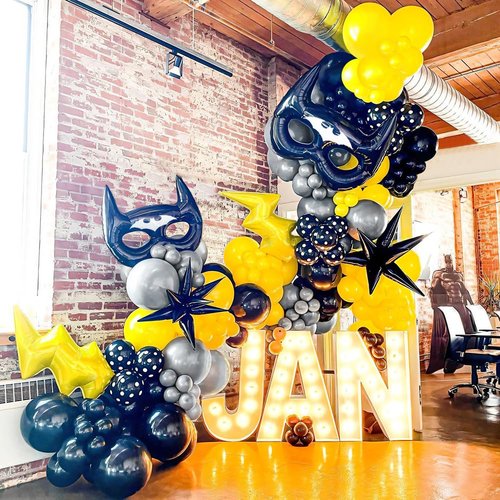 Yellow Black Grey Birthday Party Decorations 145Pcs Cartoon Bat Hero Balloon Garland Arch Kit with Lightning Explosion Star Foil Mylar Balloon for boys Kids Bat Theme Party Man Superhero Decortions