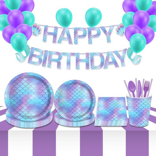 Anor Wishlife Sparkle Mermaid Party Pack(Serves 8 Guests)Mermaid Banner,Paper Plates,Cups,Napkins and Ballon(127PCS)