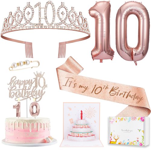 8pcs 10th Birthday Decorations for Girls, Including 10 Birthday Cake Topper, Birthday Queen Sash with Pearl Pin, Sweet Rhinestone Tiara Crown, Number Candles and Balloons Set, Rose Gold