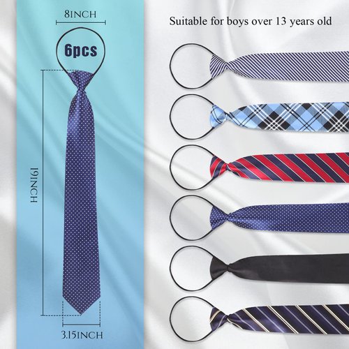 Geyoga 6 Pcs Zipper Ties for Boys Girls Men Women Pre Tied Adjustable Necktie for School Uniform Graduation Business Wedding (Classic Style)