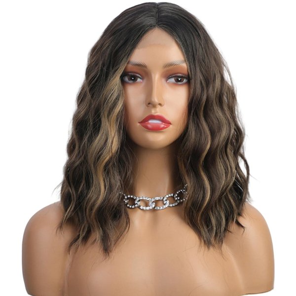 incohair Brown Wig with Highlights Short Wavy Lace Hairline Wig Middle Part Shoulder Length Hair Replacement Wig Natural Looking Brown Mixed Blonde Cosplay Costume Halloween Wig