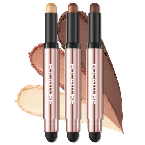 FOCALLURE 3 Pcs No Crease Eyeshadow Sticks,Shimmer & Matte Eye Shadow Crayon with Blending Brush,Smooth Cream Highlighter Pen,Long Lasting Eyeshadow Brightener Stick Makeup,the West Coast