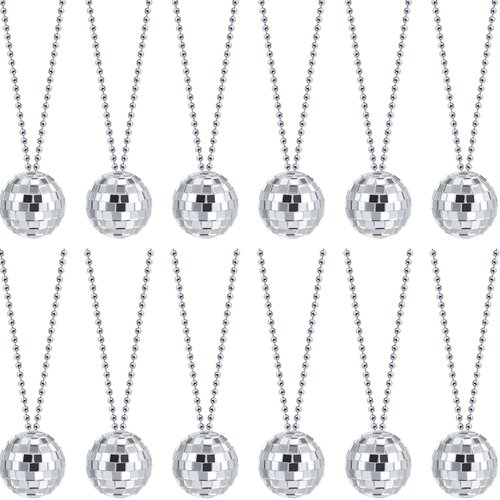 12 Piece unisex Mirror Disco Ball Costume Necklaces 70s Disco Party Necklaces for Home Decorations, 1.57 Inch Stage Props, Game Accessories, School Festivals, Party Favor and Supplies (Silver)