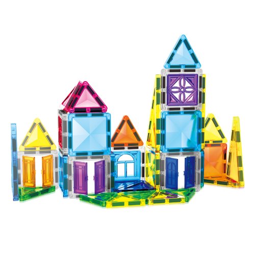 PicassoTiles Magnet Tile Building Blocks 48 Piece Travel Sized Playset with Windows and Clip-on Doors Construction Stacking Magnetic Tiles Block Learning Educational STEM Toy Boys Girls Age 3+ PTM48