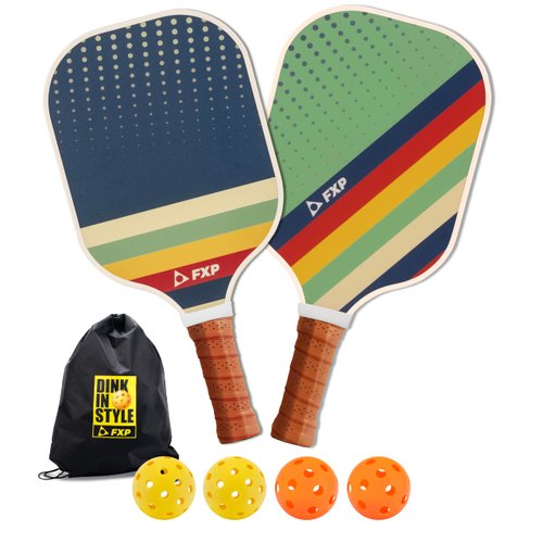 FXP Pickleball Paddles Set of 2 Rackets with 4 Balls and Bag, Sturdy Fiberglass Pickleball Paddles Set for Women, Men and Kids