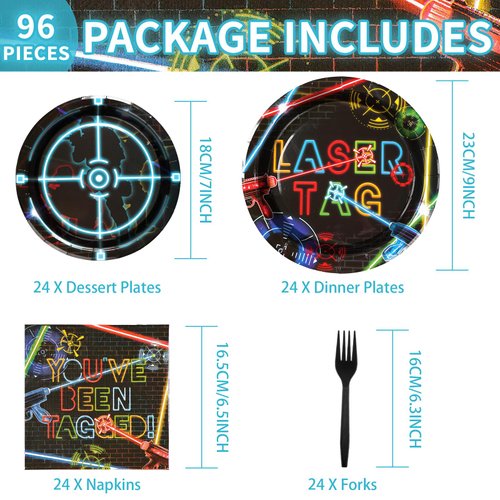 96 Pcs Laser Tag Party Supplies Disposable Glow Neon Plates Napkins Forks Tableware Set Laser Tag Party Favors for Kids Boys Girls Neon Glow Shooting Game Laser Tag Birthday Decorations Serves 24