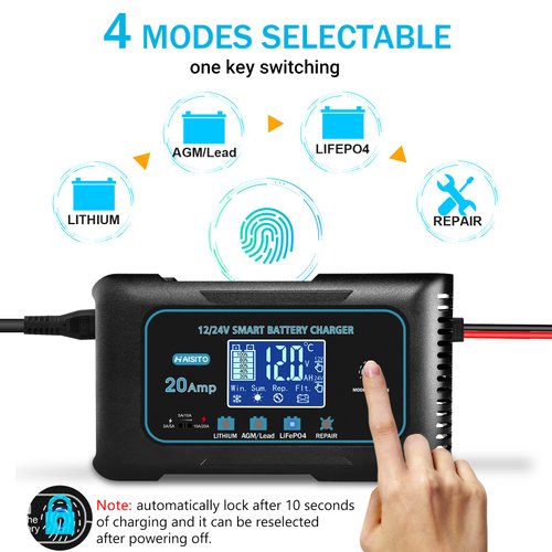 20 Amp Lithium Battery Charger, 12V and 24V Lifepo4,Lead-Acid(AGM/Gel/SLA..) Portable Car Battery Charger,Battery Maintainer, Trickle Charger, and Battery Desulfator for Car,Boat,Motorcycle…