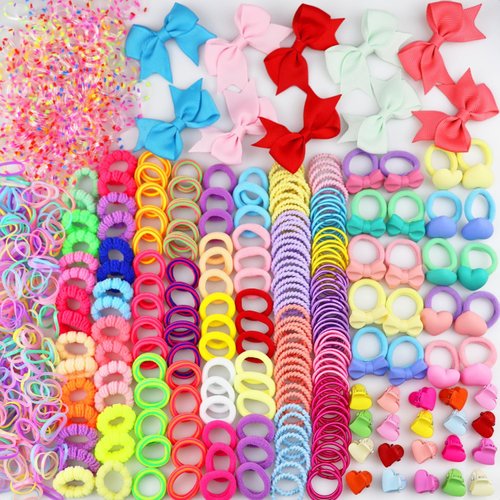 940Pcs+ Baby Girls Hair Elastic Ties Bow Seamless Cotton Hair Bands Colorful Mini Rubber Tie Heart Hair Clips Claws Assorted Ponytail Holders Soft for Thin Hair Braids Kids Toddler Little One