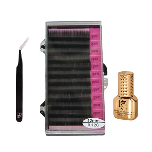 Eyelash Extensions C Curl 12mm Single Tray Mink Lash Of 1,000 Individual Eyelash Hairs With Eyelash Glue and Tweezer, Salon Eyelashes With Black Mink False Lashes