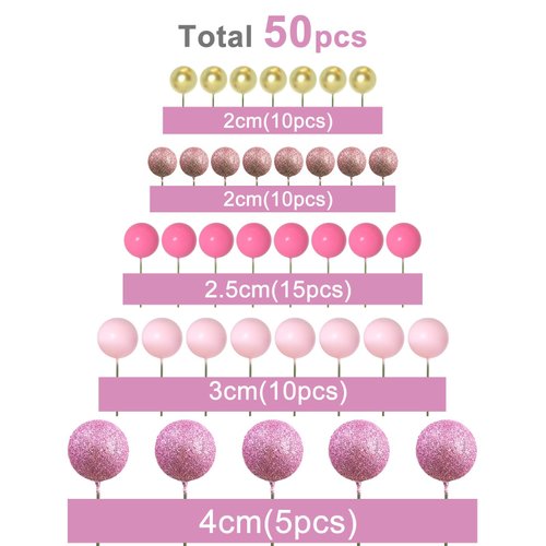 ASTARON 50 Pcs Ball Cake Topper Sticks Mini Balloons for Cake Decorating Supplies Foam Balls Cake decorations for Baby Shower Cake Birthday Cake Toppers Decorations (Pink Series)