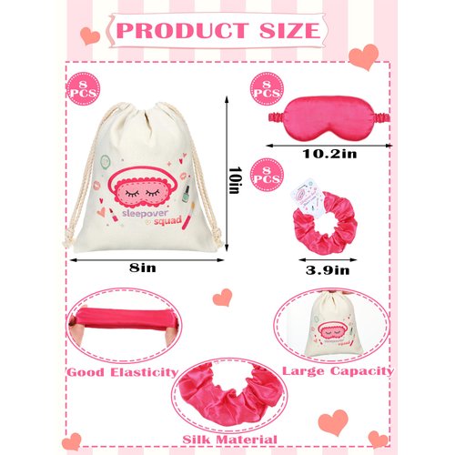 Bunnycool 24 Pcs Sleepover Party Supplies Birthday Party Favor with Satin Eye Mask Satin Hair Scrunchies(Rose Red)