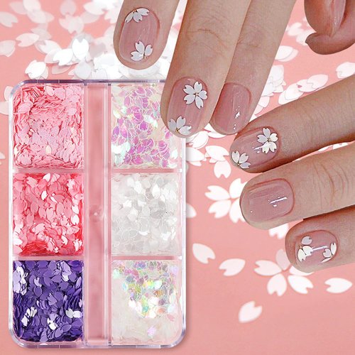 6 Colors Flowers Nail Art Glitter Sequins Cherry Blossoms Nails Accessories 3D Holographic Sakura Petal Nail Glitter Flakes Design Acrylic Nail Art Supplies for Women Girls Summer Nail Decoration
