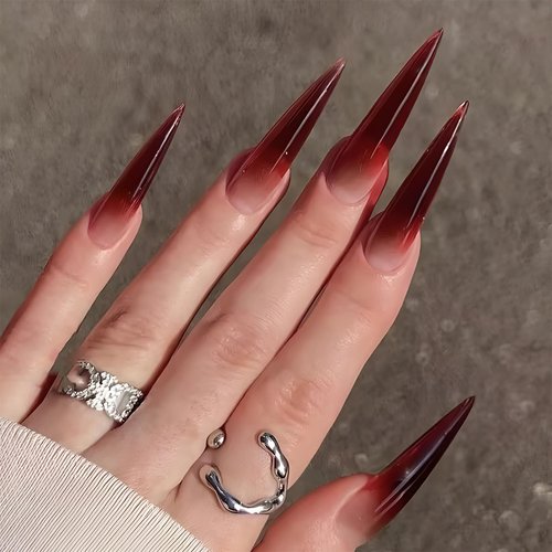 BABALAL Press on Nails Long Stiletto Fake Nails Red Gradient Glue on Nails Goth Acrylic Nails 24P...